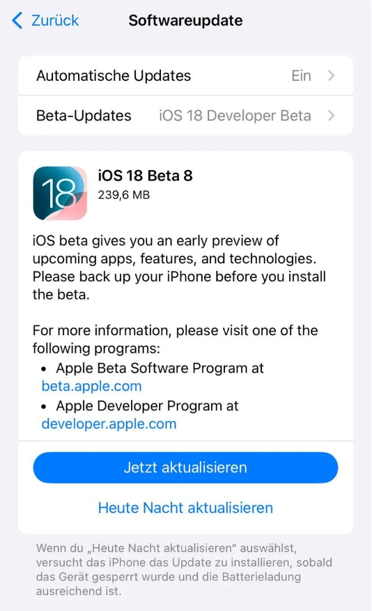 伊川苹果手机维修分享苹果 iOS / iPadOS 18 开发者预览版 Beta 8 发布 